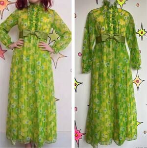 60s Floral Maxi Prairie Dress Green Yellow Chiffon Empire Waist Prom Party XS